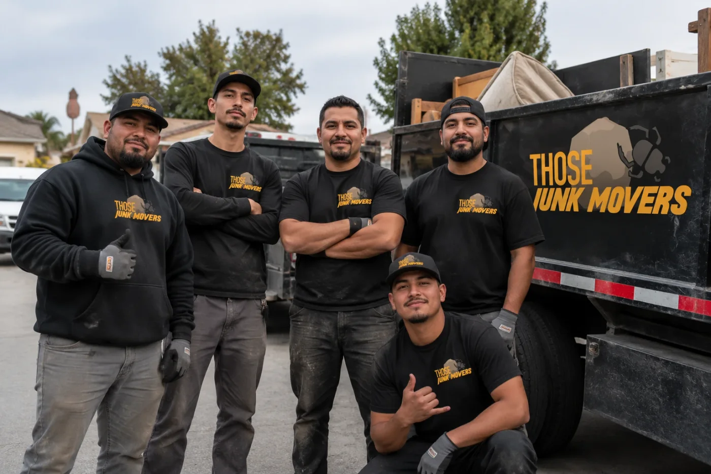 The Those Junk Movers crew in black company shirts in front of a loaded trailer